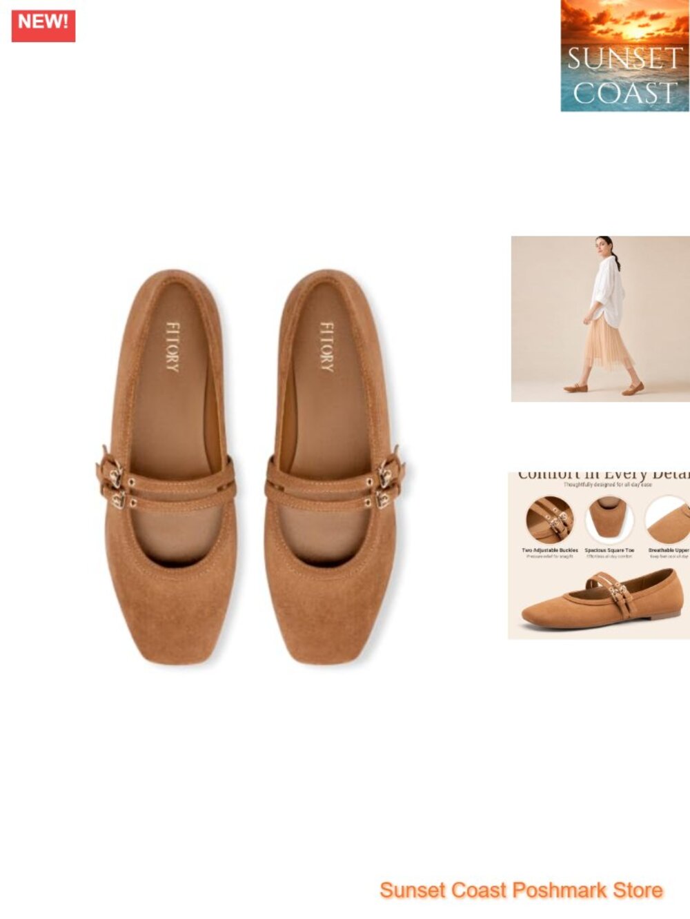 Mary Jane Flats Women Square Toe Suede Adjustable Buckle Comfortable Business